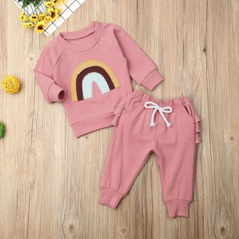 Pudcoco US Stock 0-3 Years 2PCS Kid Baby Girl Clothes Set Print Rainbow Long Sleeve Cotton Soft Tops+Ruffle Pants Outfit Set