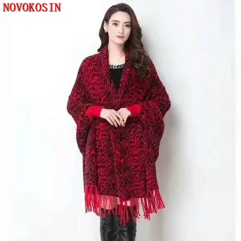 

2019 Outside Street Wear Winter Houndstooth Knitted Cardigan Women New Female Batwing Sleeves Cape Vintage Shawl With Pocket