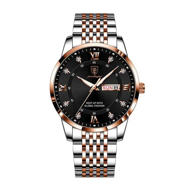 2021 New Casual Sport Chronograph Men's Watches Stainless Steel Band Wristwatch Big Dial Quartz Clock with Luminous Pointers Mei gold black