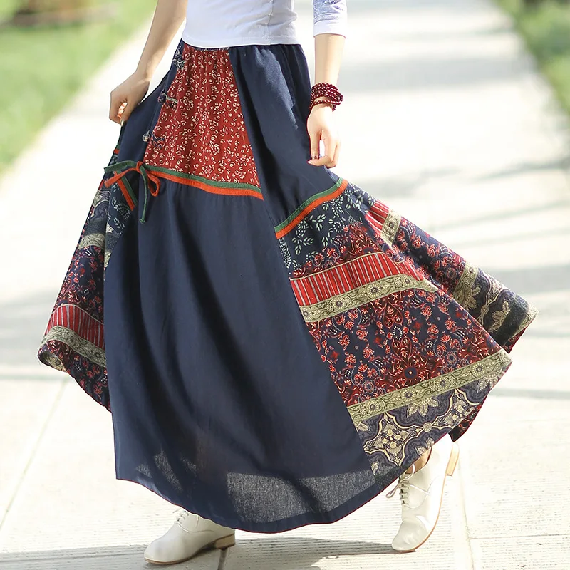 Осенняя необычная модная Лоскутная винтажная Цветочная Хлопок Лен с рисунком Женская юбка средней длины Новая женская полуюбка