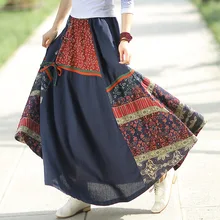 Осенняя необычная модная Лоскутная винтажная Цветочная Хлопок Лен с рисунком Женская юбка средней длины Новая женская полуюбка