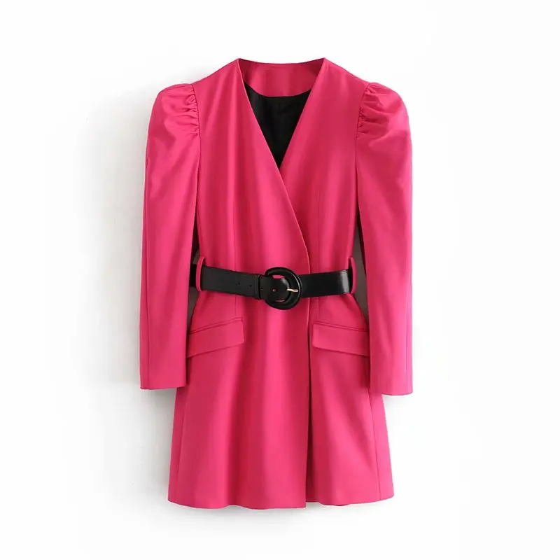 Звездный Светлячок, дикий v-образный вырез, Пышный рукав, карман, розовый, красный пояс, платье для женщин, осень, новинка, повседневный Блейзер, платье для женщин - Цвет: rose red dress