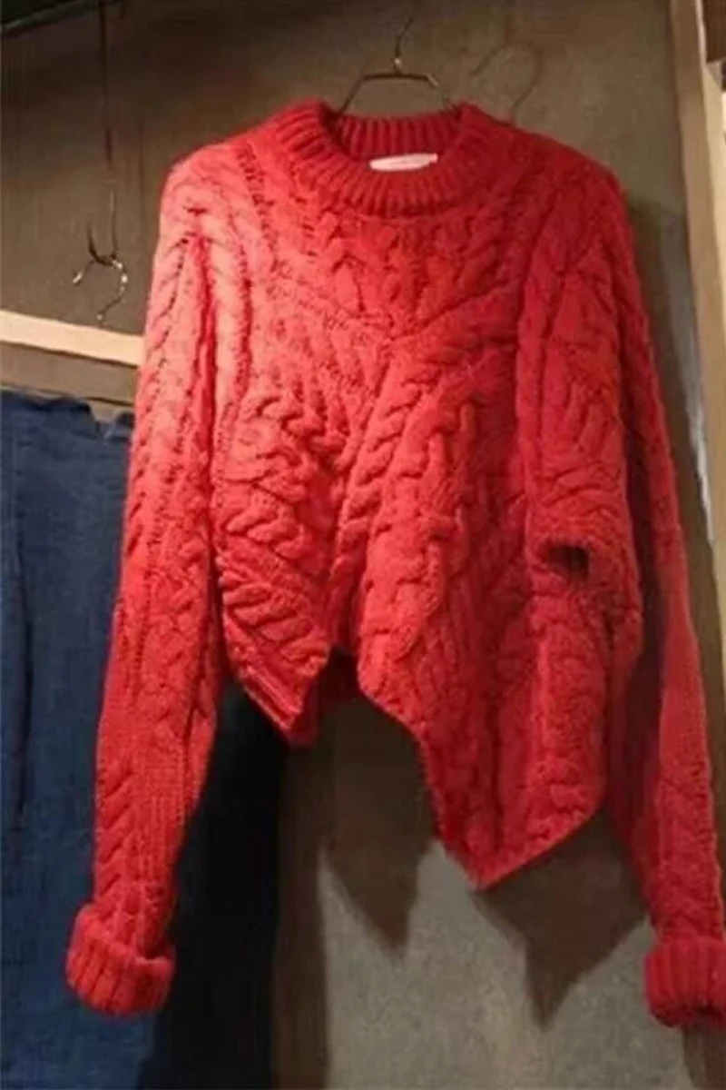 Autumn Winter Korean Solid Color Sweater Women's Loose Round Neck Pullover Irregular Knitwear Women Sweaters and Pullovers