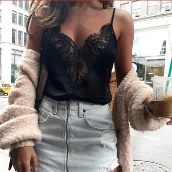 

2020 New Sexy Lace Tops Patchwork Underwear Women Sleeveless Open Back Sling Camisole V-neck Vest Slim Tank Tops