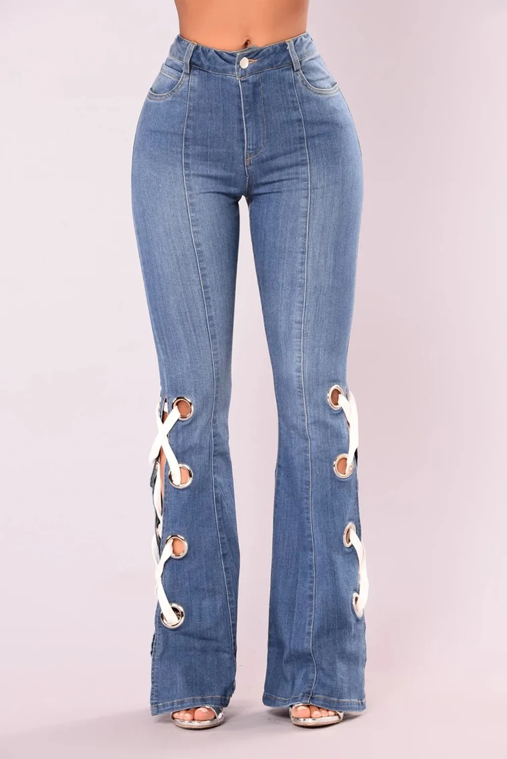 Женские винтажные расклешенные джинсы на шнуровке с бантом, обтягивающие Широкие джинсовые штаны, повседневные кружевные брюки, Pantalon mujer#3s