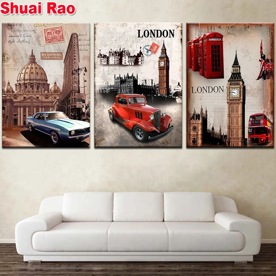 Алмазная живопись по 3 шт. квадратная/круглая вышивка 5 d Big Ben Red Bus Triptych мозаика для
