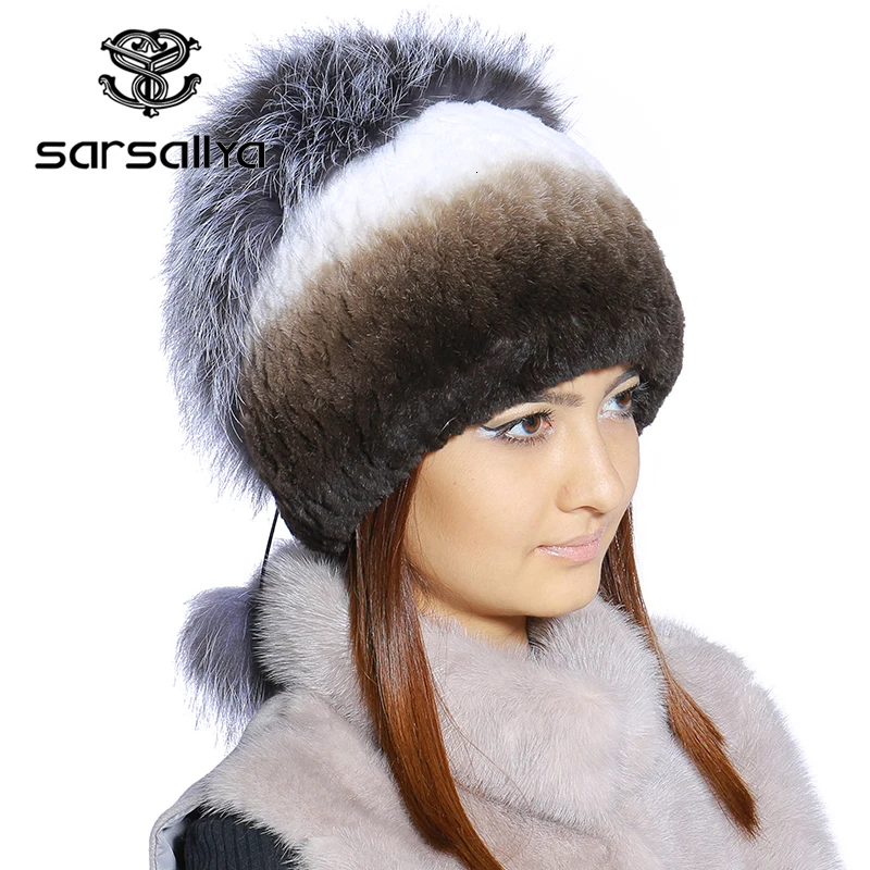 SARSALLYA Зимой меховая шапка для женщин реального рекс кролика с silver fox меховой
