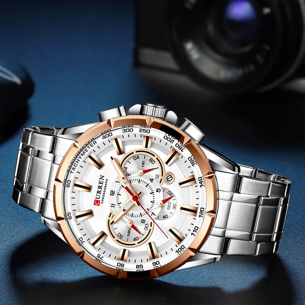 Men New CURREN Casual Sport Chronograph Men's Watch Stainless Steel Band Wristwatch Big Dial Quartz Clock With Luminous Pointers_voghion.com