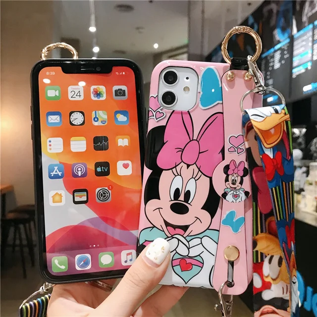 Disney Cartoon Mickey Minnie Mouse Daisy Donald Duck Wrist Strap Lanyard Phone Case For IPhone 12 Pro Max 11 7 8 Plus X XR SE XS Z01
