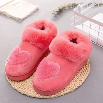 

New Arrival Heart-shaped Cotton Women Slippers Warm Plush Winter Fur Slippers Soft Indoor Shoes Flat With Home Slippers