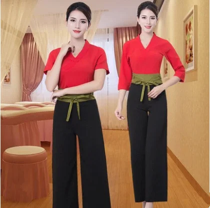 Белый красного и черного цветов униформа для сотрудниц спа-салонов красоты тайский одежда модные тонкие массажа здоровья комбинезоны Красота салон Рабочая одежда
