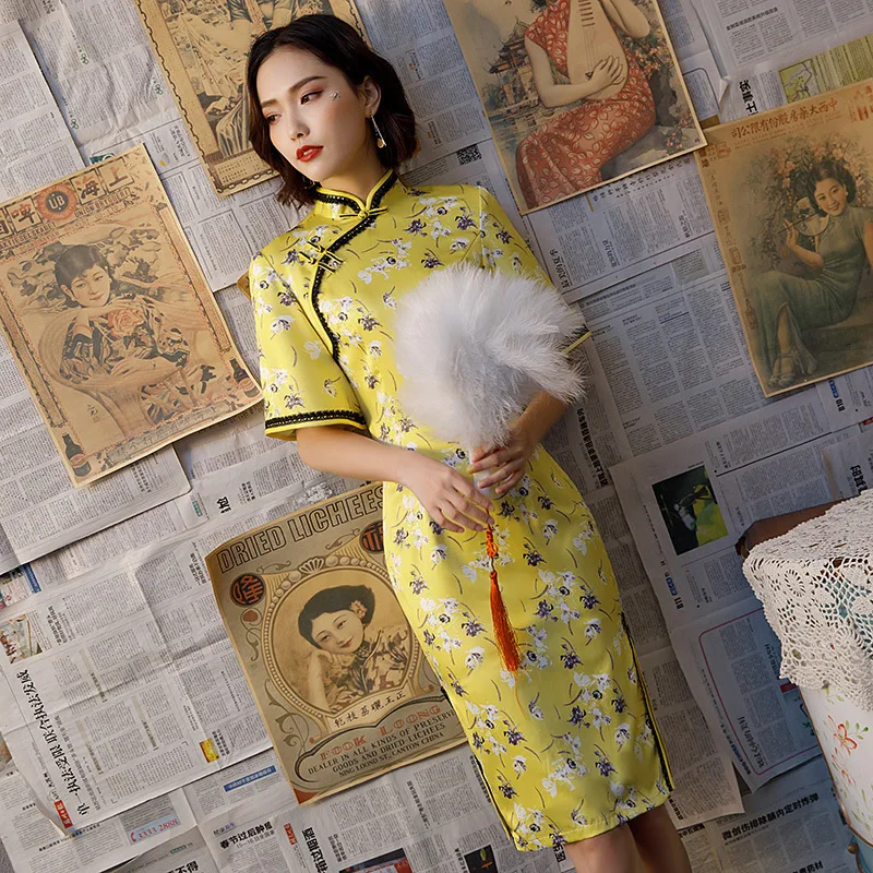 Sheng Coco женские желтые шелковые платья Чонсам Qipao Nigth вечерние кружевные платья с коротким рукавом в восточном стиле с цветочным принтом Qi Pao