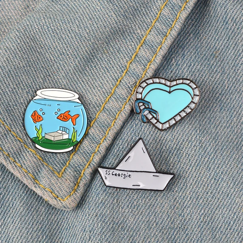 Мультфильм садок для рыбы бумажный кораблик эмали штырь сердце бассейн значок нагрудный знак брошь джинсовая рубашка с воротником, раздел-одежда для детей; подарки на день рождения