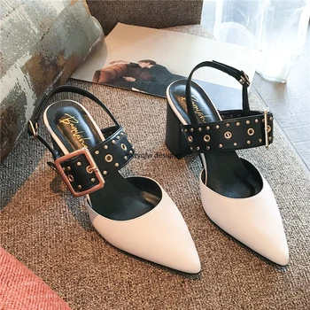 

Chunky Heel Pointed Toe Women Sandals 2020 Spring Summer New Style Rivet Word Buckle High Heel Square Buckle Women Shoes White