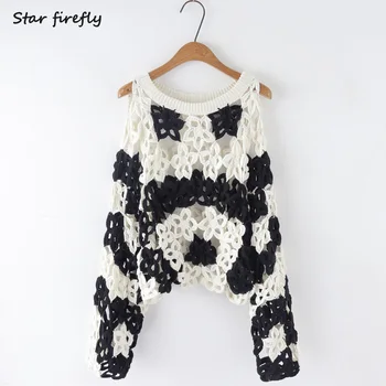 

Star firefly fashionable Za knitwear women 2020 spring loose lantern sleeves flowers crochet round neck hollow knitted sweater