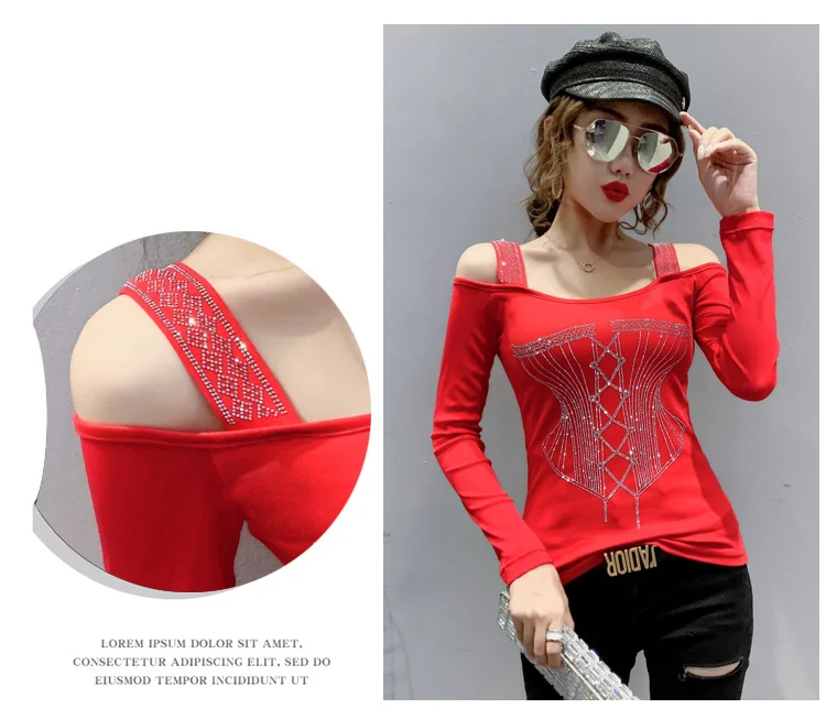 2020 Autumn new woman tshirts Fashion sexy off the shoulder women t-shirt long sleeve Hot drilling plus size women clothing