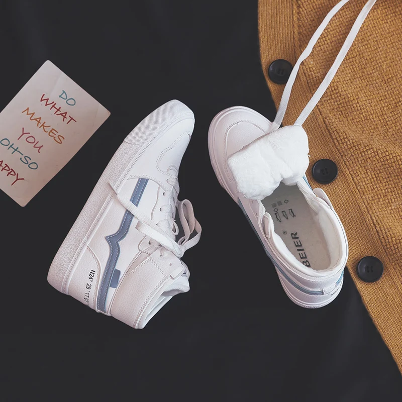 Zapatos De Mujer; женские ботинки; Белые зимние кроссовки из водонепроницаемой кожи с высоким берцем; Botas zapatillas mujer; меховая подкладка; короткий плюш