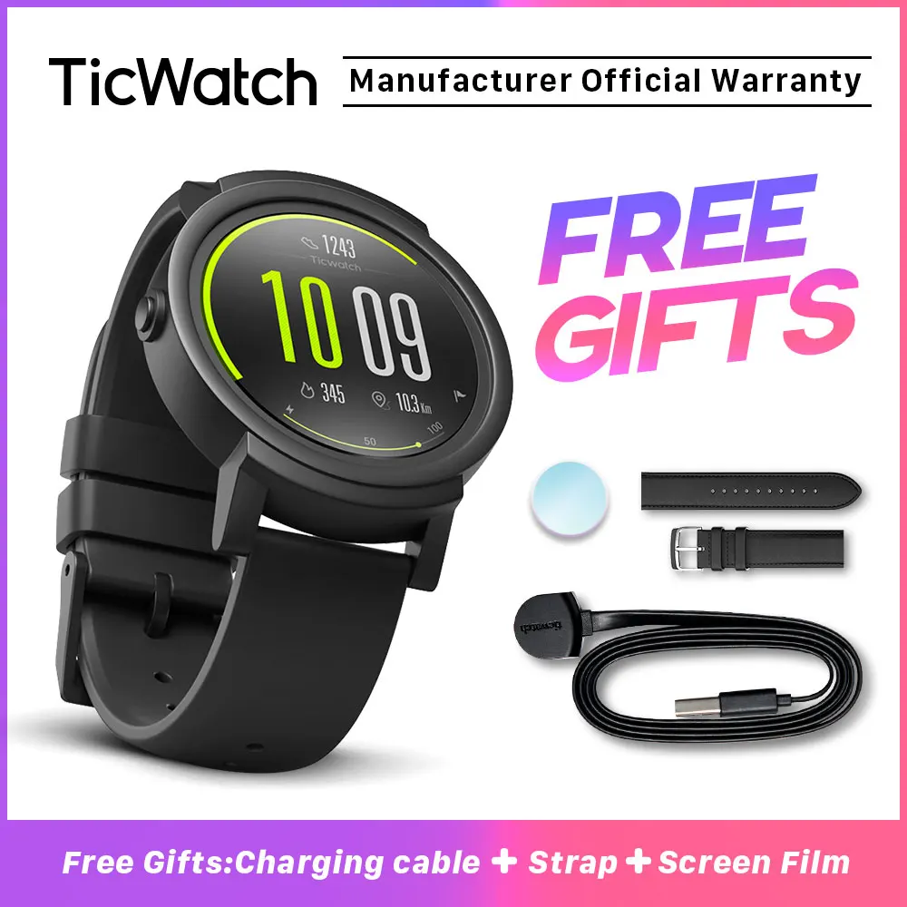 Ceny TicWatch E czarny smart watch Bluetooth Smartwatch GPS Android i iOS kompatybilny Google Wear OS IP67 wodoodporna oryginalny