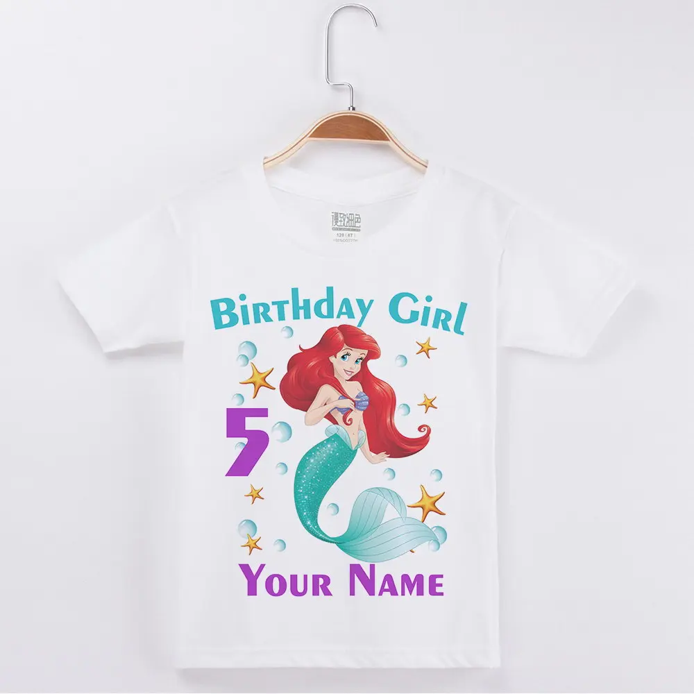 Happy Birthday tee Baby Girl Mermaid Print Girls Shirts Number 3-12 Name Birthday Present Party Tees Kids Clothes children t shirt