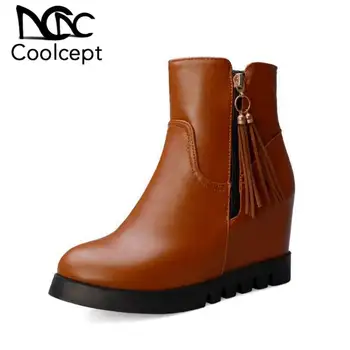 

Coolcept Ankle Boots For Women Hidden Heels Winter Warm Fur Wedges Shoes Women Casual Zipper Office Short Boots Size 33-43