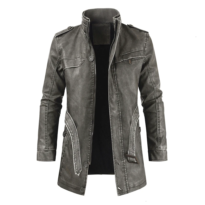 Men Leather Patched Long Casual Parkas Jacket - Image 3