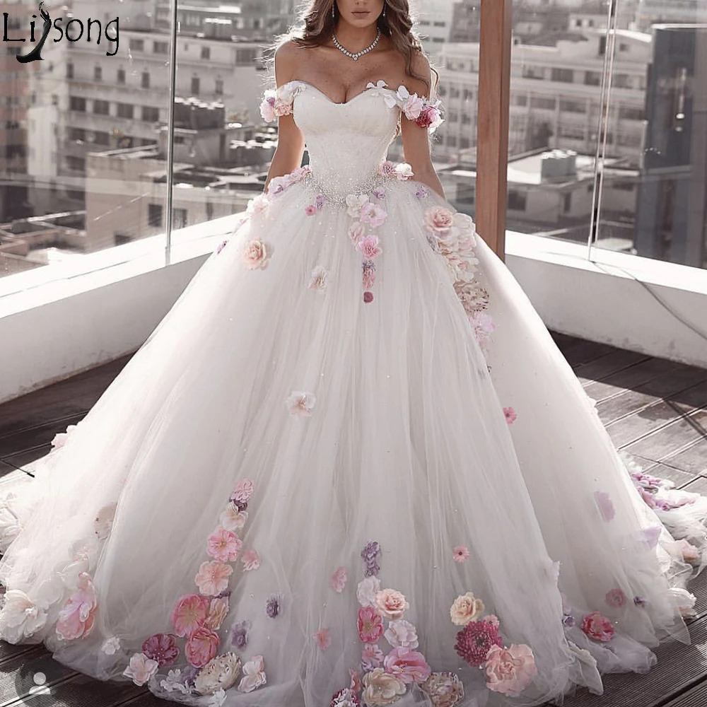 

Gorgeous 3D Flowers Ball Gown Wedding Dresses Off the shoulder Colorful Floral Garden Bride Dress Beach Boho Wedding Bridal Gown