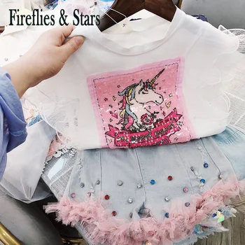 

Summer girls tee shirt baby T shirt kids pullover children tops Clothes colored unicorn sequin letter heart 3 to 9 yrs