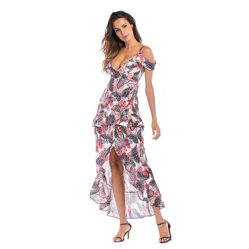 

Heat IG Trends Women Beach vacation Style Fashion Chiffon Slip Dress Lady V-neck Irregular Sexy Suspender Long Dresses