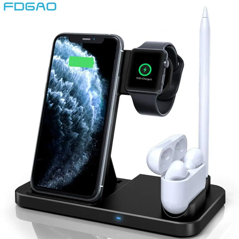 FDGAO 4 in 1 Qi Wireless Charger Stand 10W Fast Charging Dock Station For iPhone 12 11 XS XR X 8 Airpods Pro Apple Watch 6 5 4 3