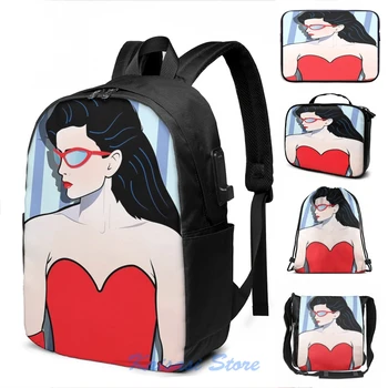 

Funny Graphic print Beautiful Pop Art Girl on Stripes USB Charge Backpack men School bags Women bag Travel laptop bag