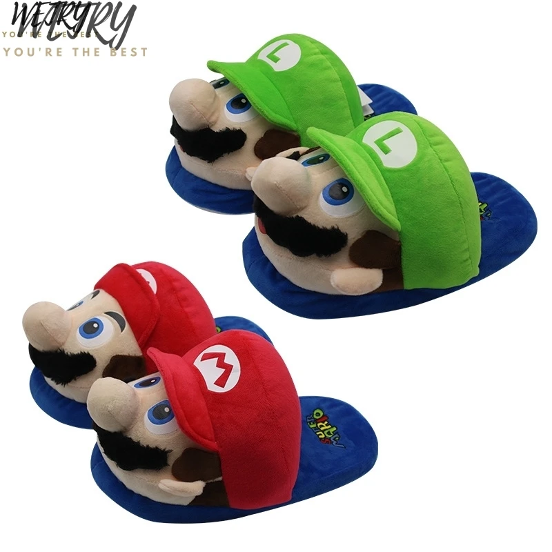 

IN 2020 Super Mario Bros Mario Luigi red and green slippers soft cotton plush stuffed artoon Game Character Plush Slippers