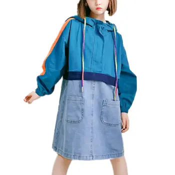 

Fashion Hooded Girls Straight Dress Autumn 2020 New Children Clothes Teen Girl Denim Patchwork Dresses Kids Casual Dress 4-13Yrs