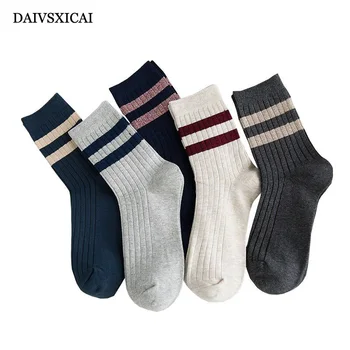 

2Pairs/lot=4pieces Autumn Winter Pure Man Cotton Socks Retro Sports Socks Men Striped Breathable Two Bar Long Socks Male