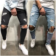 Новая модная уличная одежда, мужские джинсы, хип-хоп штаны, синие, обтягивающие, на молнии, рваные джинсы, рваные штаны, мужские брюки