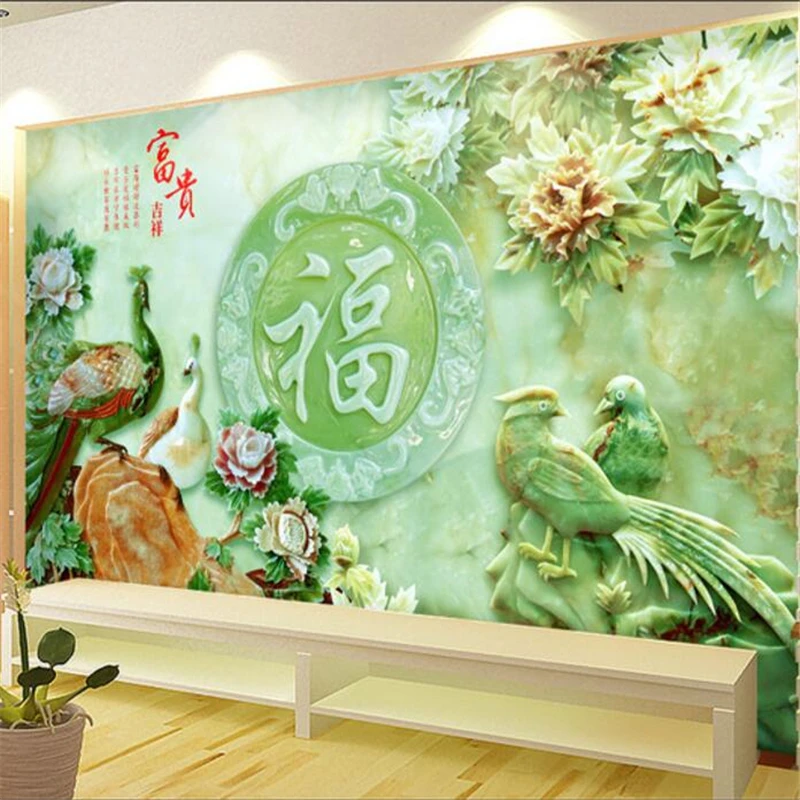 

papel de parede Custom wallpaper 3d Chinese Jade carving Peony Peacock mandarin duck living room bedroom background wall mural