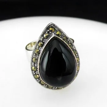 

FNJ Naturanl Black Agate Rings 925 Silver Original S925 Thai Silver Ring for Women Jewelry MARCASITE