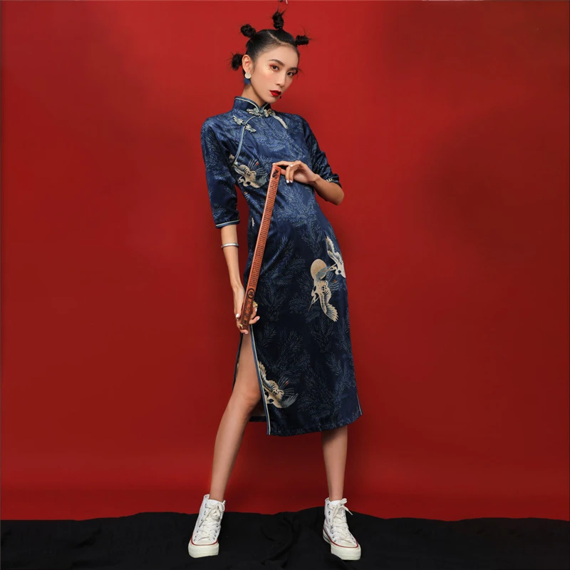 Женское платье Чонсам голубое винтажное замшевое Qipao сексуальное длинное платье весна осень повседневное женское свадебное платье тонкое уличная одежда