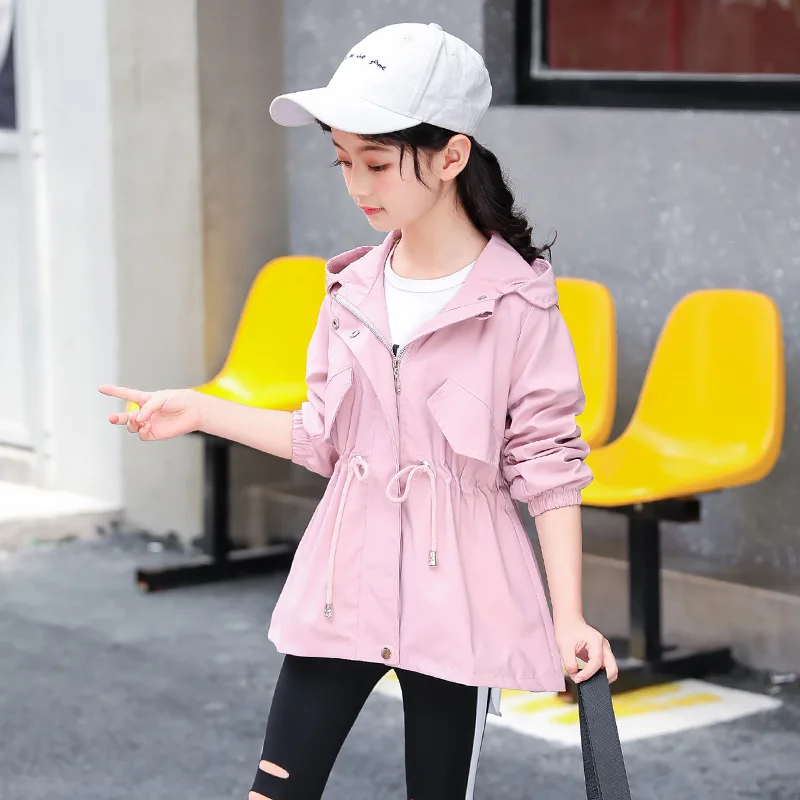 

Children's Clothing Girls Spring Coat 2019 New Style Hooded Waist Hugging Trench Coat Children's Jacket