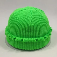 Мужская и женская короткая потертая шапка-маска с отверстиями, простая вязаная шапка, двухслойная теплая зимняя шапка, неоновый желтый неоновый зеленый черный синий розовый