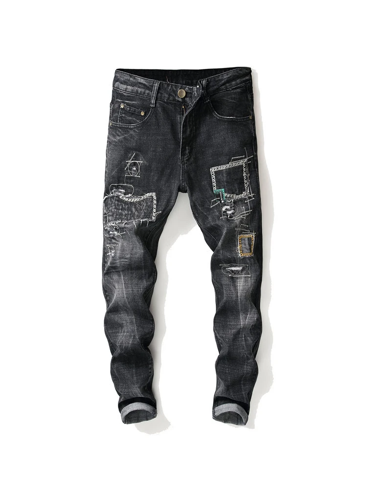 USA SIZE 16 0013 Новинка, темно-серые прямые джинсы для мужчин, уличная одежда, рваные, в стиле панк, хип-хоп, карандаш, байкер, вышивка, патч-брюки - Цвет: USA SIZE 16 0013