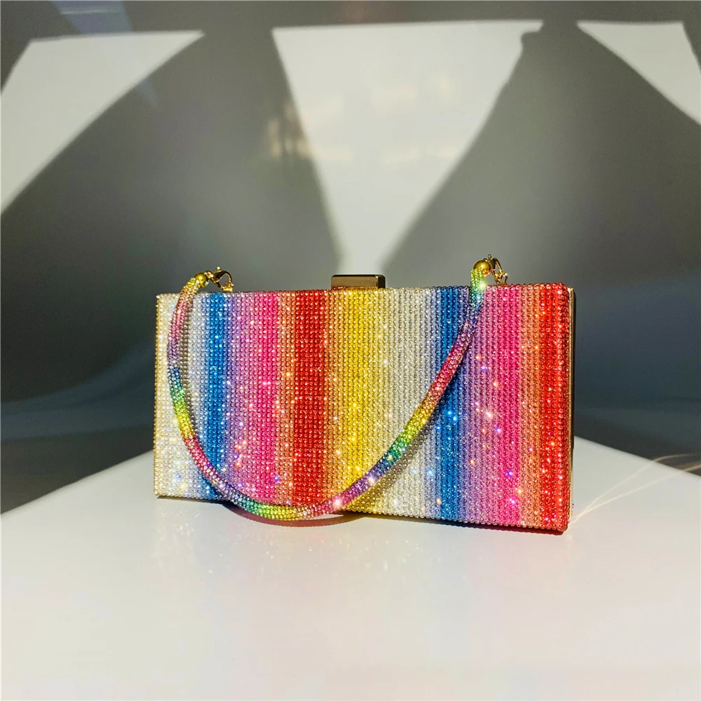 Front View of Luxy Moon Rectangular Rainbow Evening Bag with Handle in Red Main Color