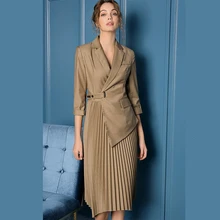Новое Осеннее женское платье высокого качества с вырезами и боковой пряжкой, плиссированное платье до середины икры, рабочие костюмы, платье vestidos