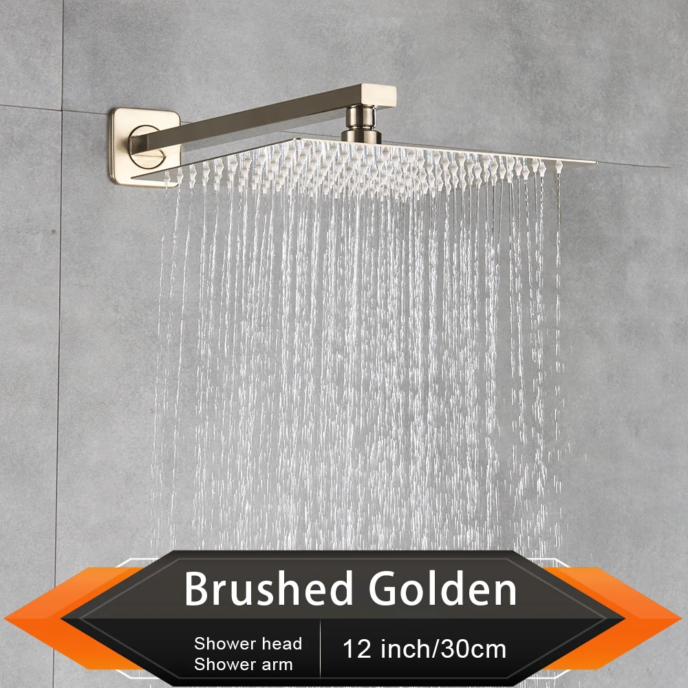 Shower Head Rozin Brushed Golden Rainfall Shower Head Bathroom 8/10/12" Ultrathin Style Top Shower Head with Wall Mounted Arm shower nozzle