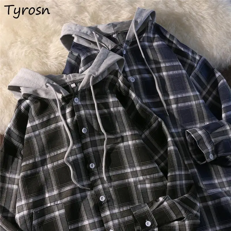 

Basic Jackets Women Hooded Plaid Classic Retro Chic Loose Leisure Anti-pilling High Quality Coats Single Breasted Streetwear Ins