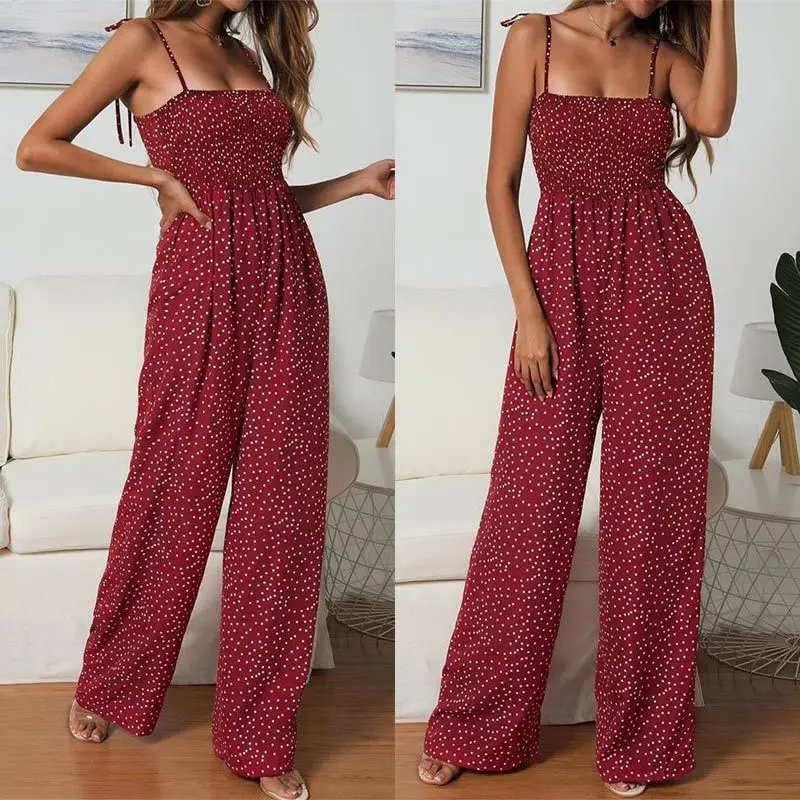 

2020 Summer Jumpsuit Women Polka Dot High Waist Rompers Boho Yellow Spaghetti Strap Top Wide Leg Pants Female Clothes Ladies