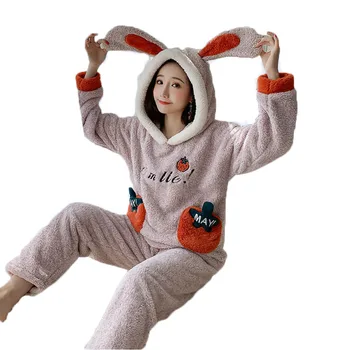 

Autumn and winter pajama women's thickened coral hoodie students flannel warm home wear suit