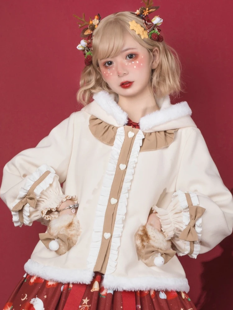 Милое пальто в стиле Лолиты для женщин и девочек, зимнее пальто с капюшоном в стиле милой Лолиты, бархатное пальто, теплая бежевая верхняя одежда на Рождество