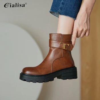 

CIALISA Women Shoes Round Toe Metal Decoration Zipper Mid Heel Boot 2020 Fashion Chunky Heel Grey Large Size 40-43 Ankle Boot