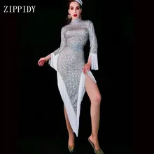 Блестящие Серебряные стразы, бахрома, платье, сексуальное платье с белыми камнями, платье с кисточками, костюм для выпускного, дня рождения, празднования, платья