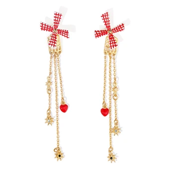 

Romantic Enamel Pink Windmill Long Tassel Earrings for Women Girls Cute Heart Piercing Earrings Pendants Christmas Jewelry EH077